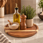 Round wooden serving tray with a striped pattern, styled on a marble countertop with a glass bottle of olive oil, a salt bowl, a wooden pepper mill, and a potted rosemary plant.