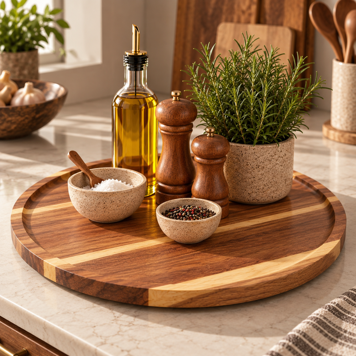 Round wooden serving board with alternating light and dark wood stripes, styled on a marble kitchen counter with bowls of salt and peppercorns, a bottle of oil, wooden salt and pepper mills, and a potted rosemary plant.