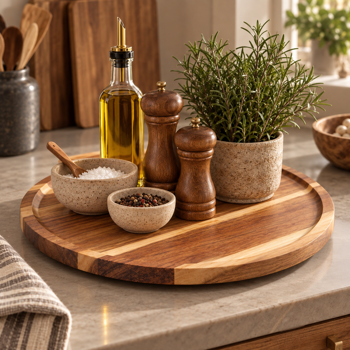 Round wooden serving tray styled on a kitchen counter with small bowls, a bottle of oil, wooden salt and pepper mills, and a potted rosemary plant.