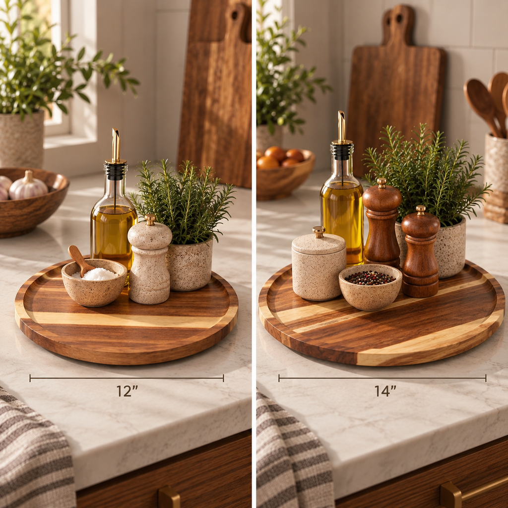 Two side-by-side views of a round wooden cutting board set on a white marble countertop in a kitchen. The left view shows the board with a 12-inch dimension marker, and the right view shows it with a 14-inch dimension marker.