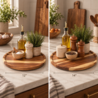 Two side-by-side views of a round wooden cutting board set on a white marble countertop in a kitchen. The left view shows the board with a 12-inch dimension marker, and the right view shows it with a 14-inch dimension marker.
