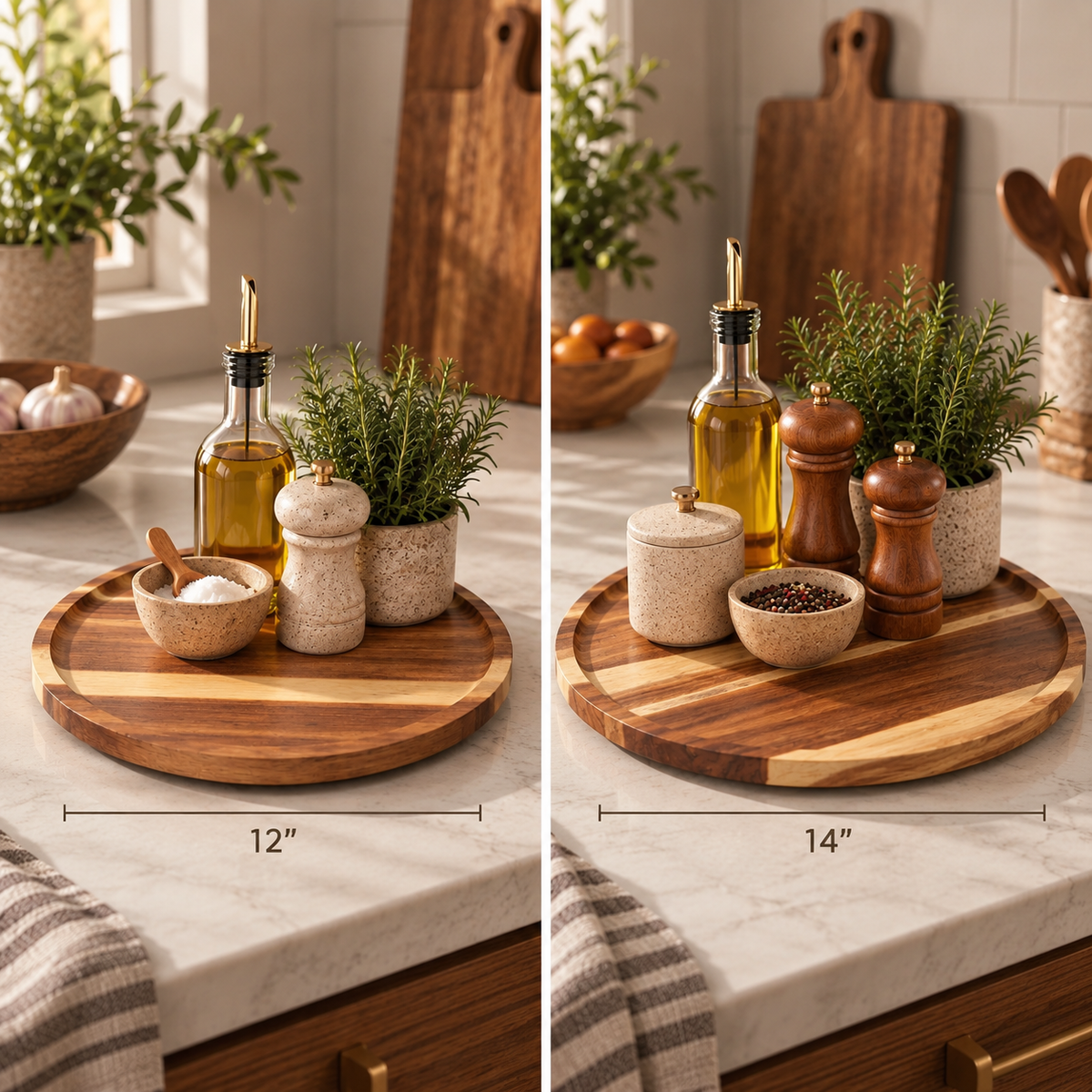 Two side-by-side views of a round wooden cutting board set on a white marble countertop in a kitchen. The left view shows the board with a 12-inch dimension marker, and the right view shows it with a 14-inch dimension marker.