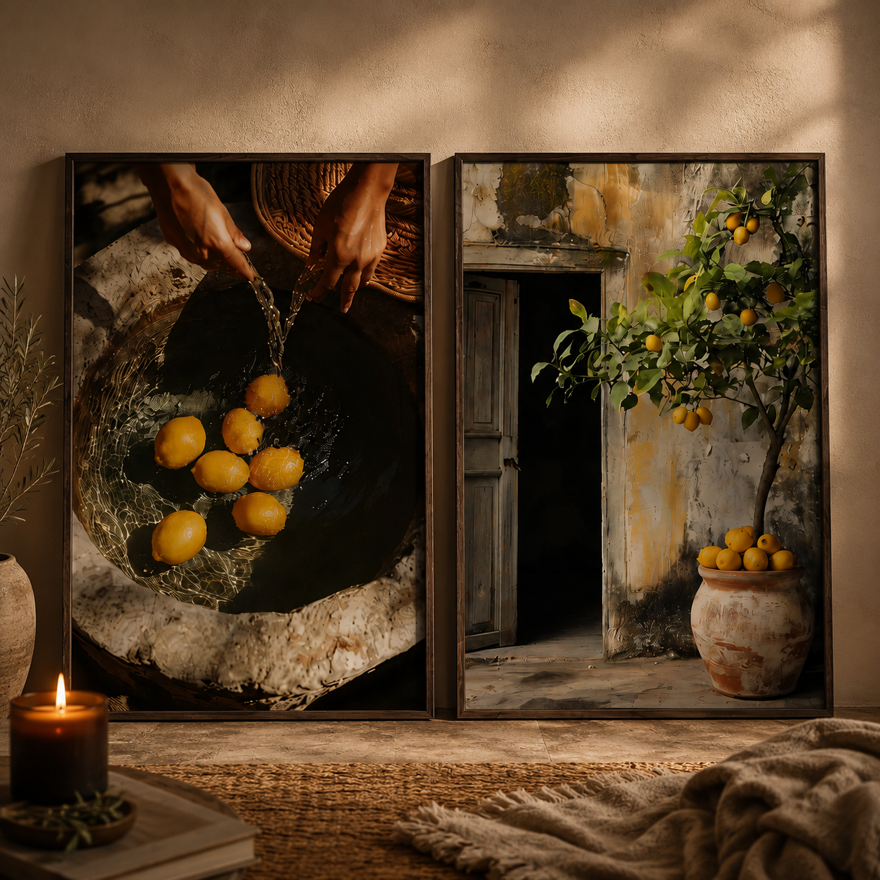 Two framed wall art prints displayed side by side in a rustic interior. The left print shows hands washing lemons in a stone basin, and the right print shows a lemon tree in a pot against an old rustic doorway.