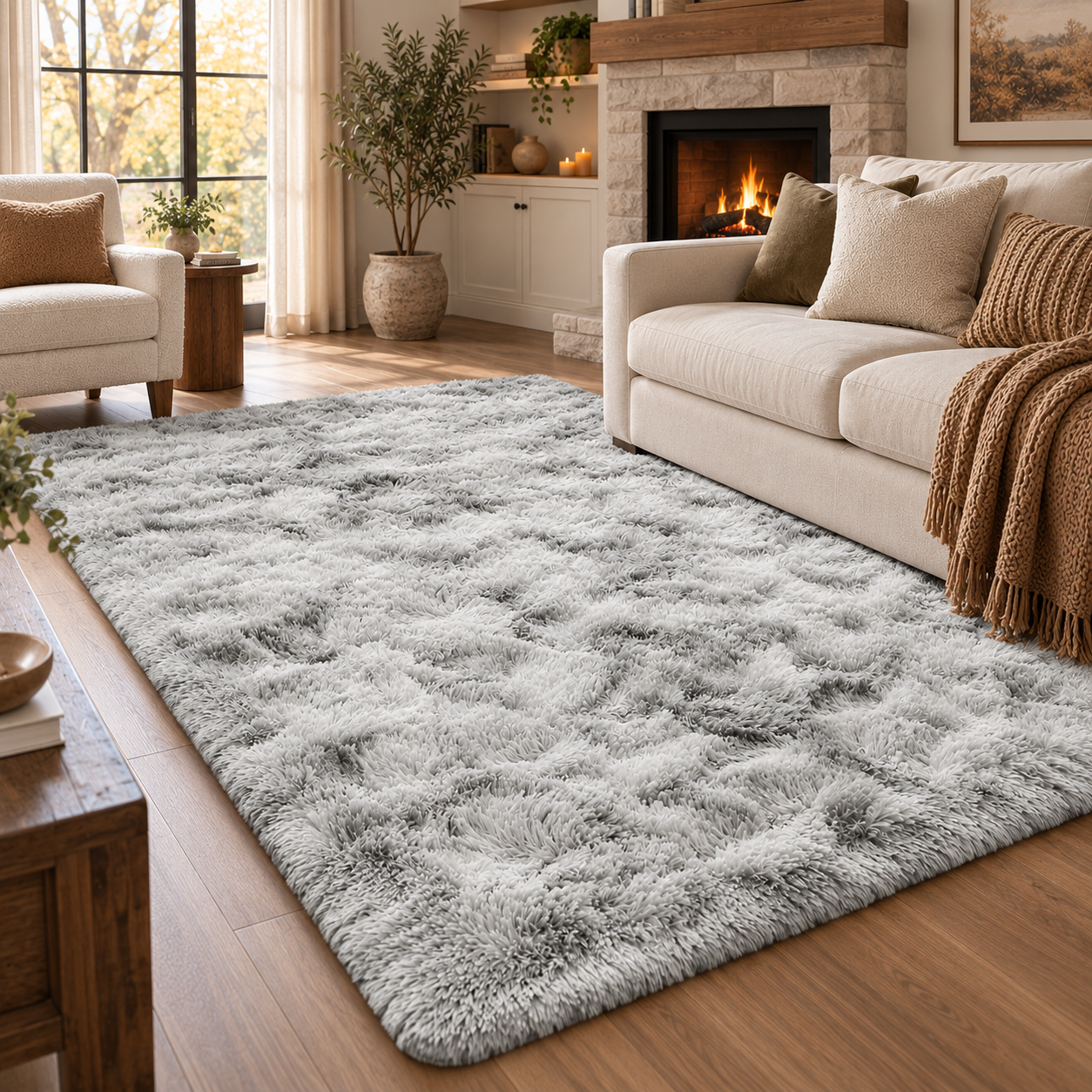 A large, plush shag area rug in a light gray and white mottled pattern, styled in a cozy, modern living room with a cream sofa, fireplace, and wooden floors.