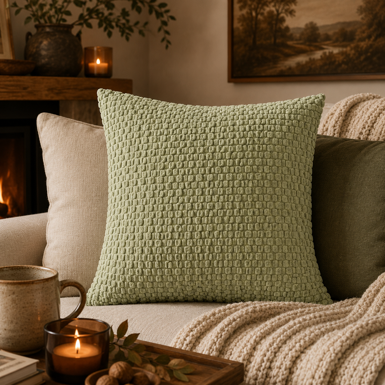 A square sage green textured throw pillow with a raised basketweave pattern, styled on a cozy beige sofa in a warm, rustic living room setting with candles, a mug, and a knitted blanket.