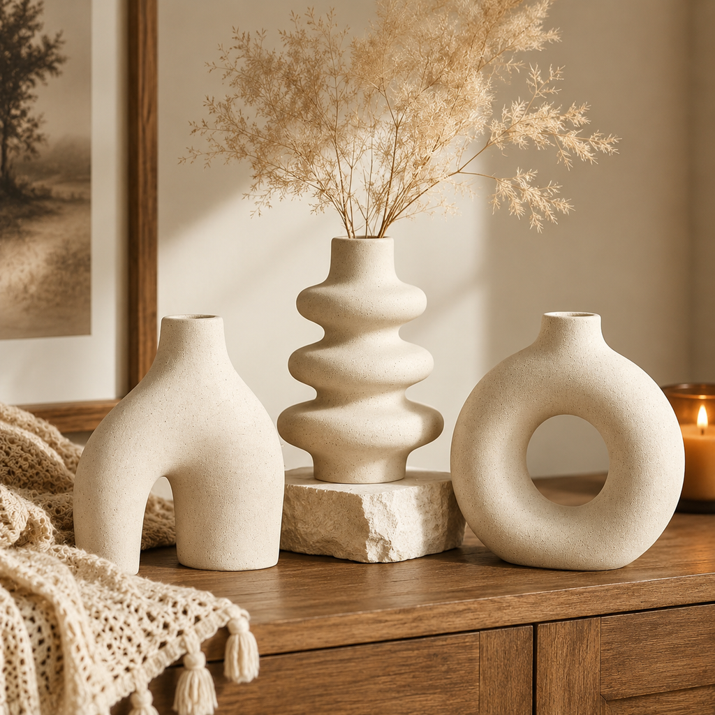 Three matte ceramic vases in a warm neutral beige color, styled on a wooden console table with dried pampas grass in the center vase, a cream knit throw blanket, and a lit candle in the background.