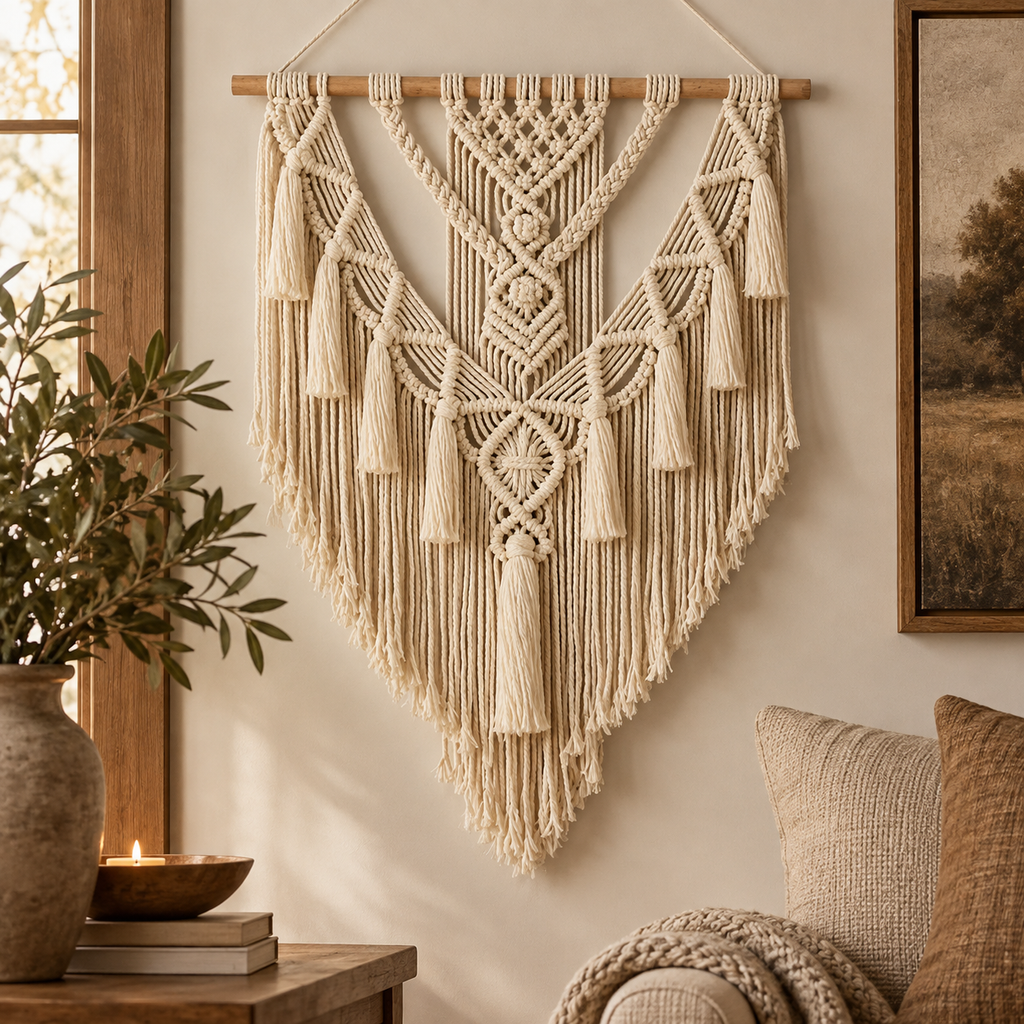A large cream macrame wall hanging with intricate woven patterns and long tassels, suspended from a wooden rod in a warm, styled room setting with a window, plant, and sofa visible.