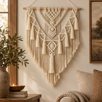 A large cream macrame wall hanging with intricate woven patterns and long tassels, suspended from a wooden rod in a warm, styled room setting with a window, plant, and sofa visible.