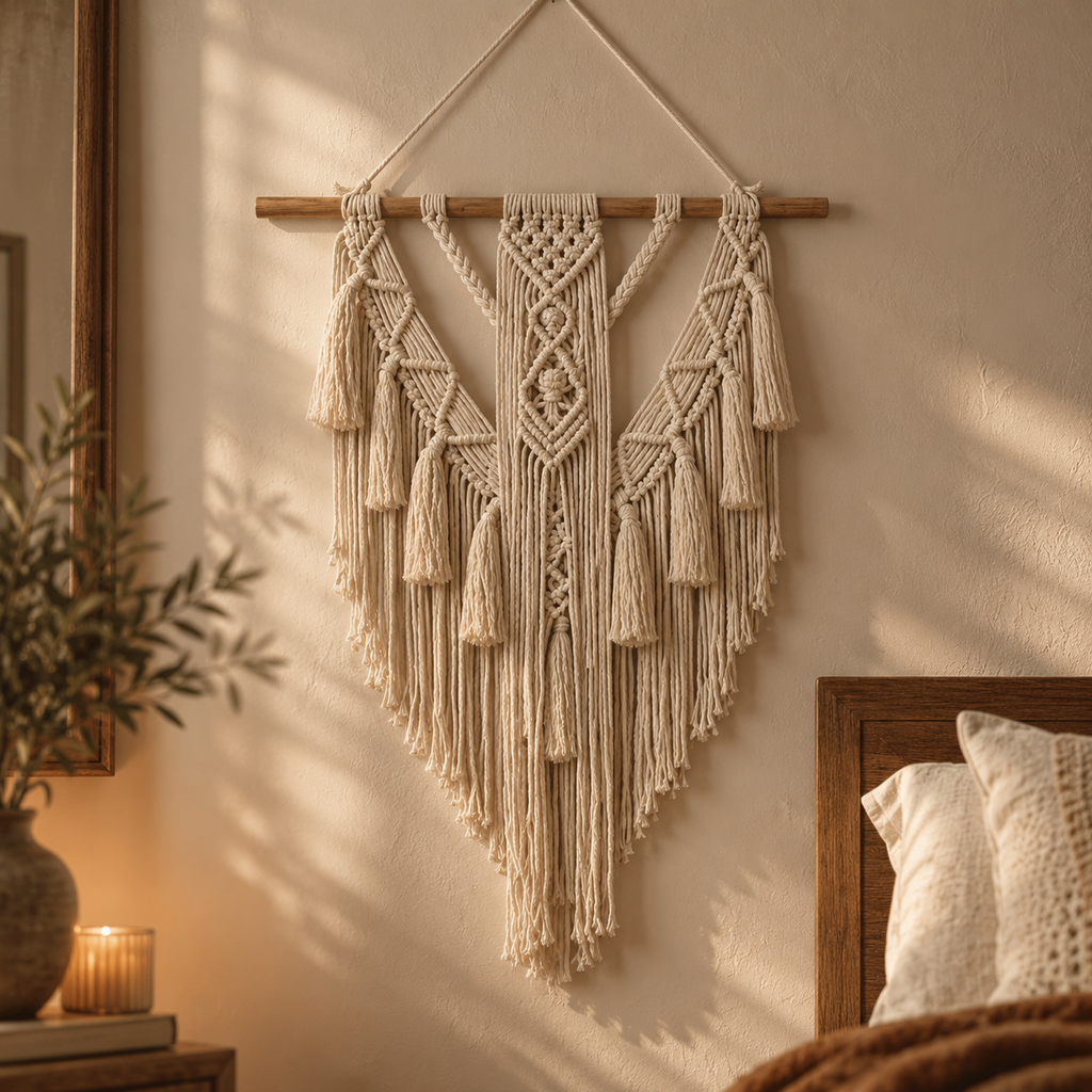 A cream macrame wall hanging with intricate woven patterns, tassels, and fringe, suspended from a wooden dowel on a beige wall in a warmly lit bedroom setting.