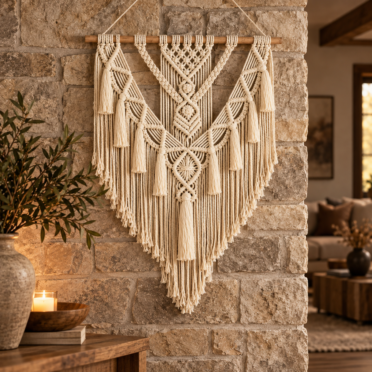 A large cream macrame wall hanging with intricate geometric knotwork and long fringe tassels, suspended from a wooden dowel on a rustic stone wall in a warmly lit living room.
