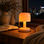 A mushroom-shaped table lamp glowing with warm light on a wooden nightstand beside an open book, vases, and a knitted blanket, with a city window in the background.