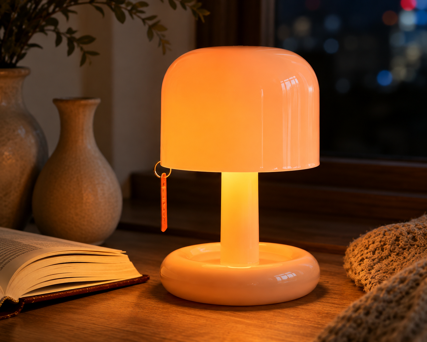 A mushroom-shaped table lamp with a glossy white dome shade and matching base, glowing warm orange light. It sits on a wooden table next to an open book, a knitted blanket, and decorative vases, with a window showing a night scene in the background.
