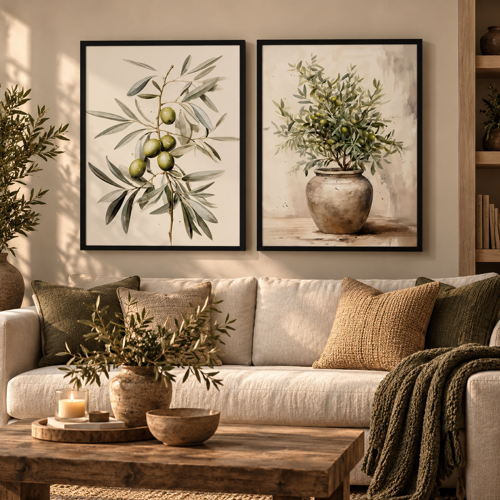 Two framed botanical art prints hang above a beige sofa in a styled living room. The left print shows an olive branch with green olives, and the right print shows an olive plant in a rustic pot.