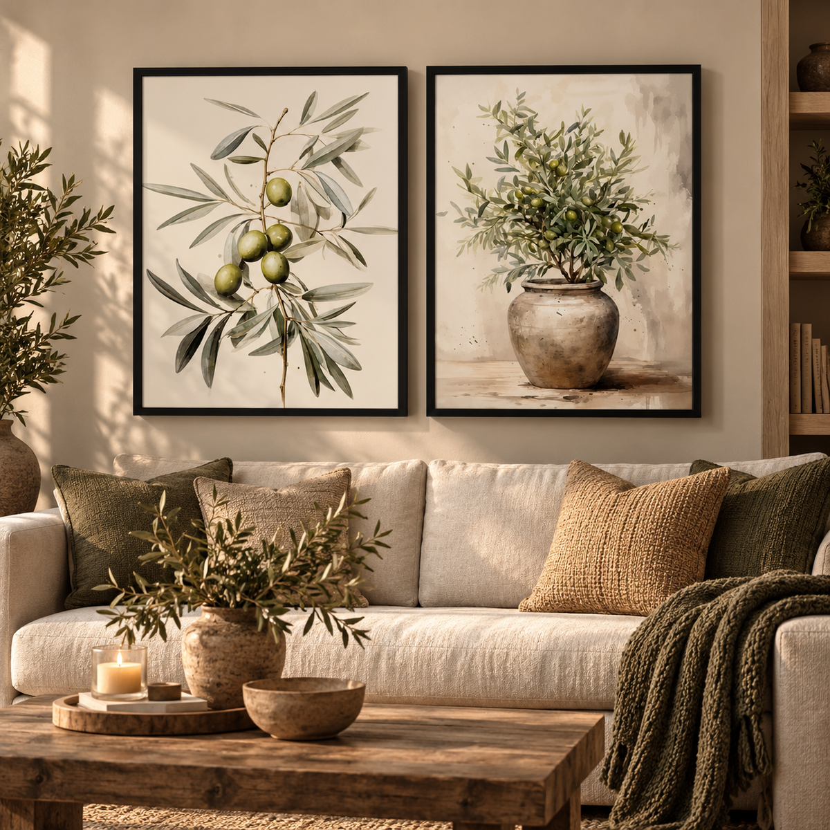 Two framed botanical art prints hang above a beige sofa in a styled living room. The left print shows an olive branch with green olives, and the right print shows an olive plant in a rustic pot.