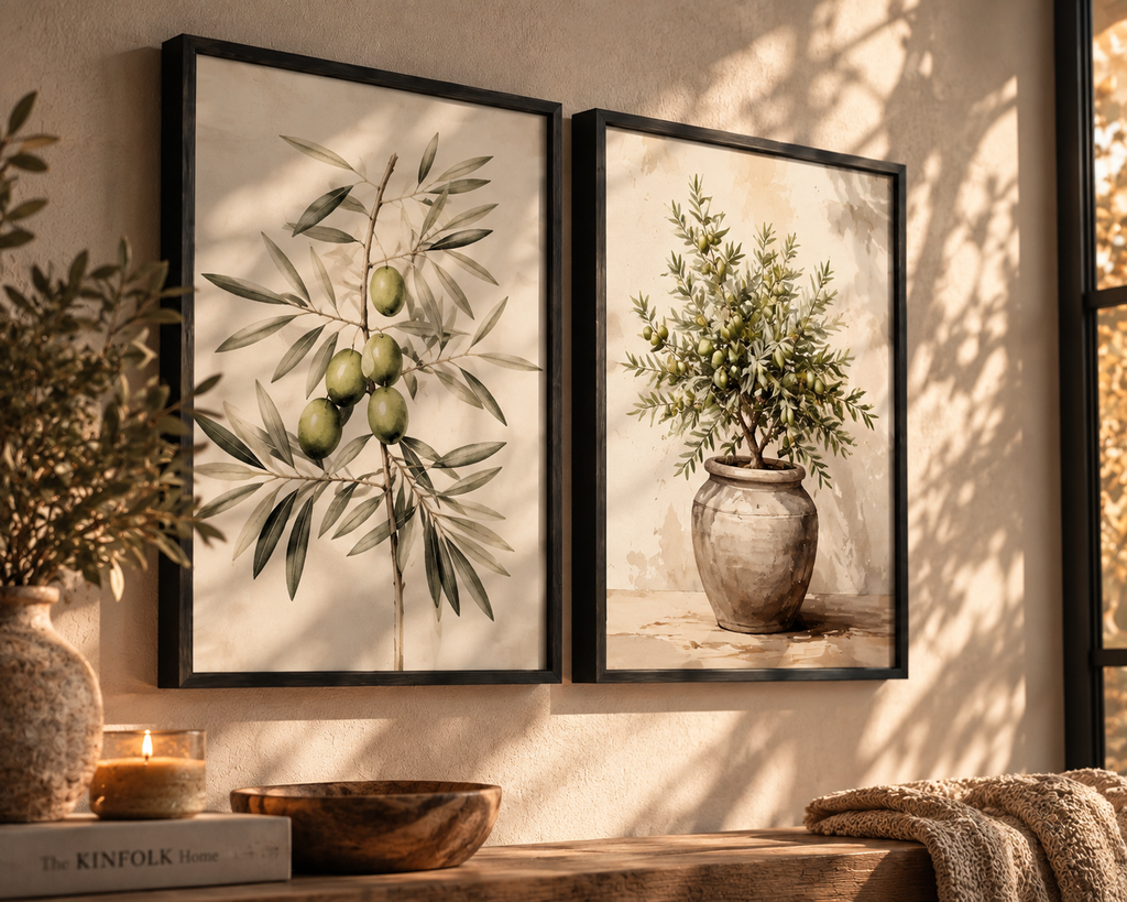 Two framed botanical wall art prints hang on a beige wall in a styled interior. The left print shows green olives on an olive branch, and the right print shows an olive tree in a rustic pot.