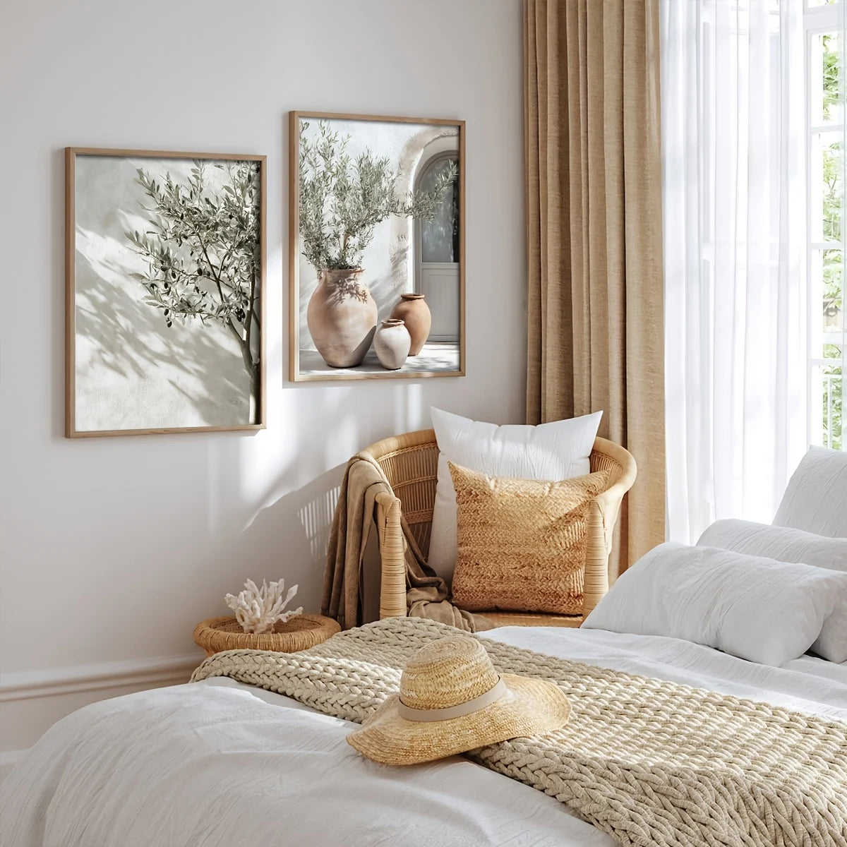 Cozy bedroom with a bed, chair, and wall art