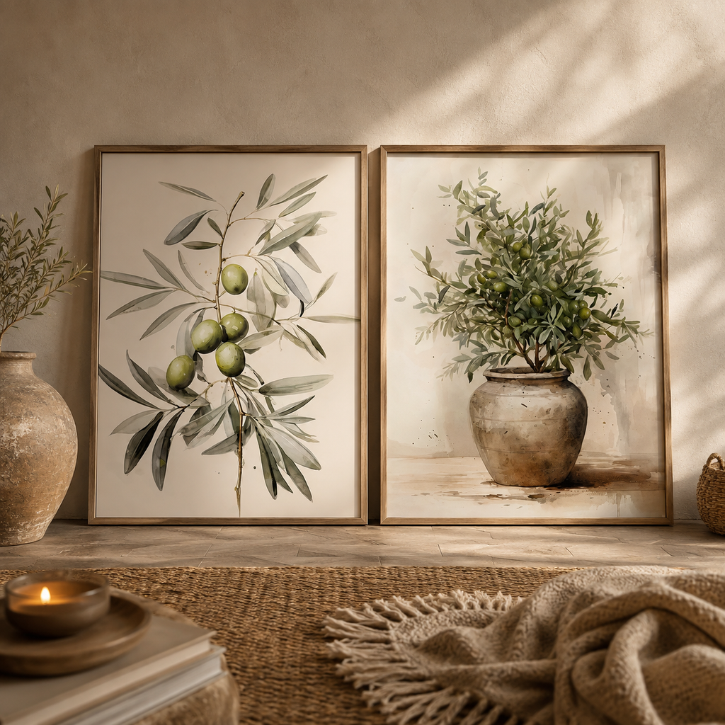 Two framed botanical art prints leaning against a beige wall in a styled interior. The left print shows an olive branch with green olives, and the right print shows an olive tree in a rustic pot.