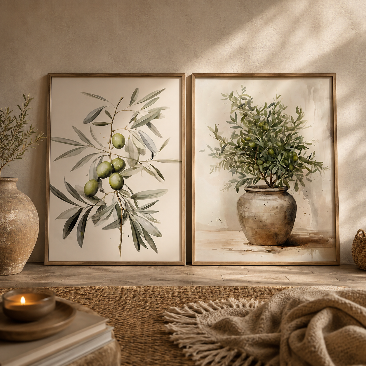 Two framed botanical art prints leaning against a beige wall in a styled interior. The left print shows an olive branch with green olives, and the right print shows an olive tree in a rustic pot.