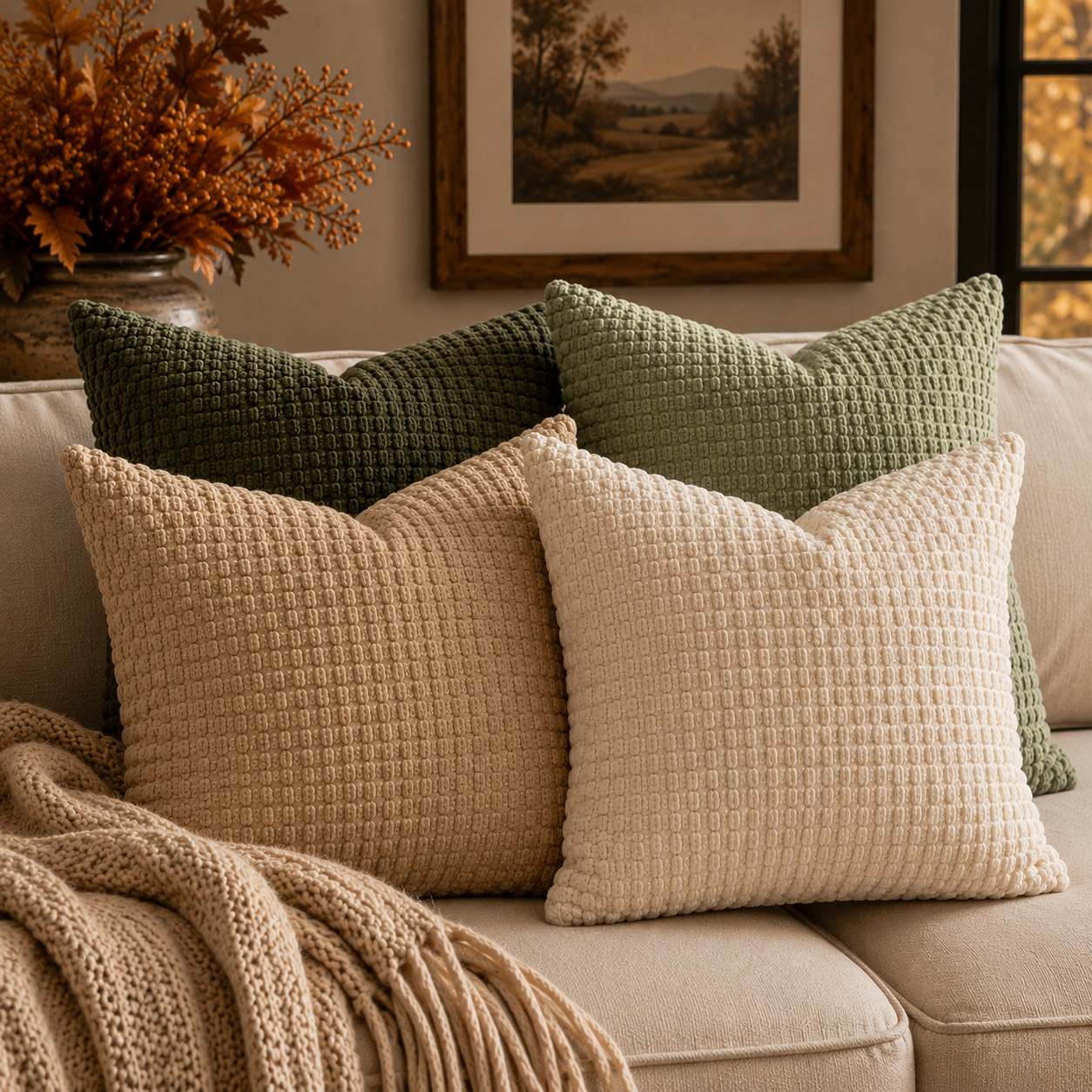 Four textured throw pillows in beige, cream, and two shades of green arranged on a light beige sofa, with a knitted throw blanket and framed wall art in a styled living room setting.