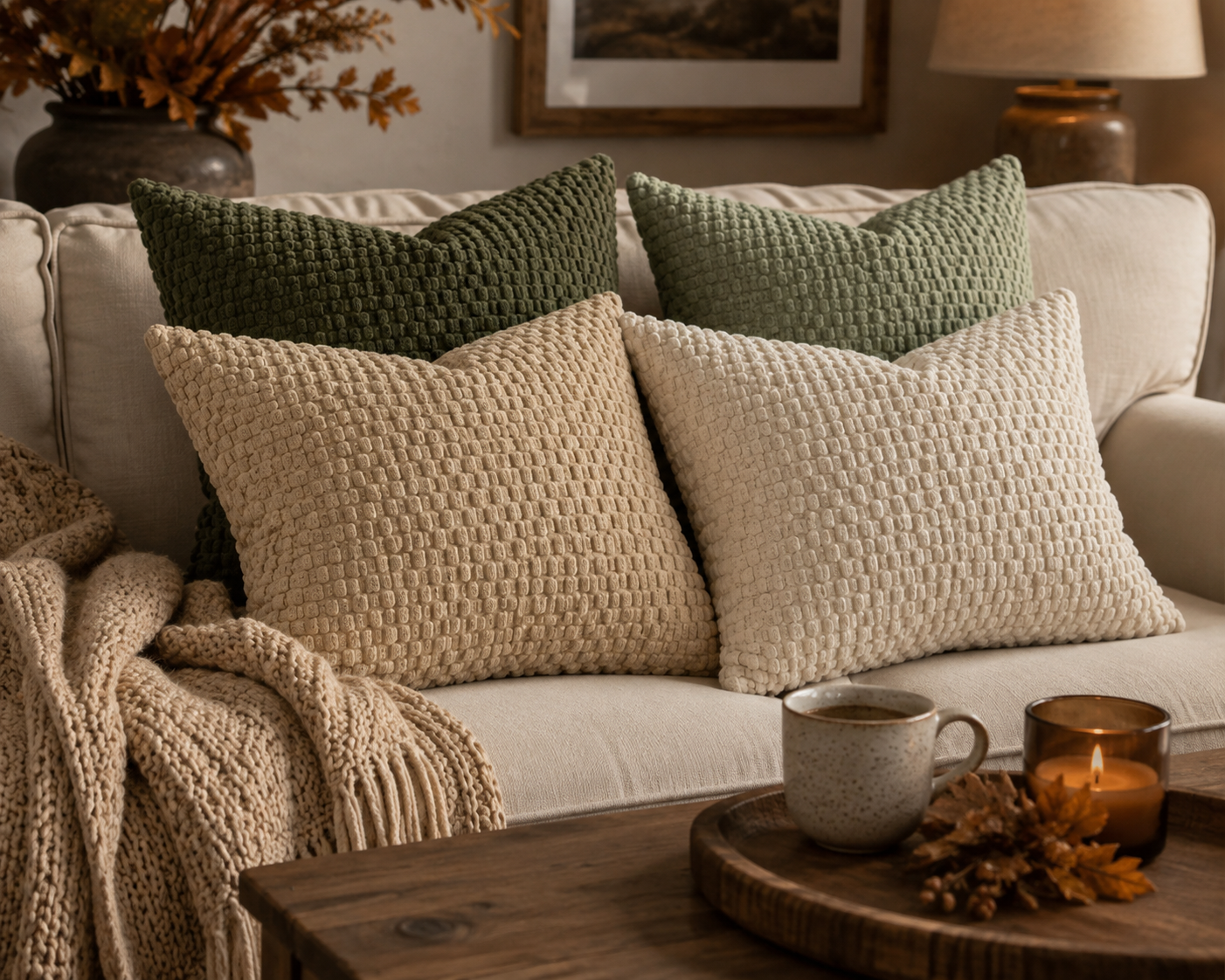 Four textured throw pillows in cream and sage green arranged on a light beige sofa, with a chunky knit cream throw blanket draped over the left side. A wooden tray with a mug and candle sits on a coffee table in the foreground, and framed wall art and a lamp are visible in the background.