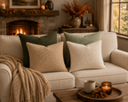 A cozy living room scene with a cream sofa styled with four textured throw pillows in cream, beige, and sage green, a chunky knit beige throw blanket draped over the arm, and a warm fireplace in the background.