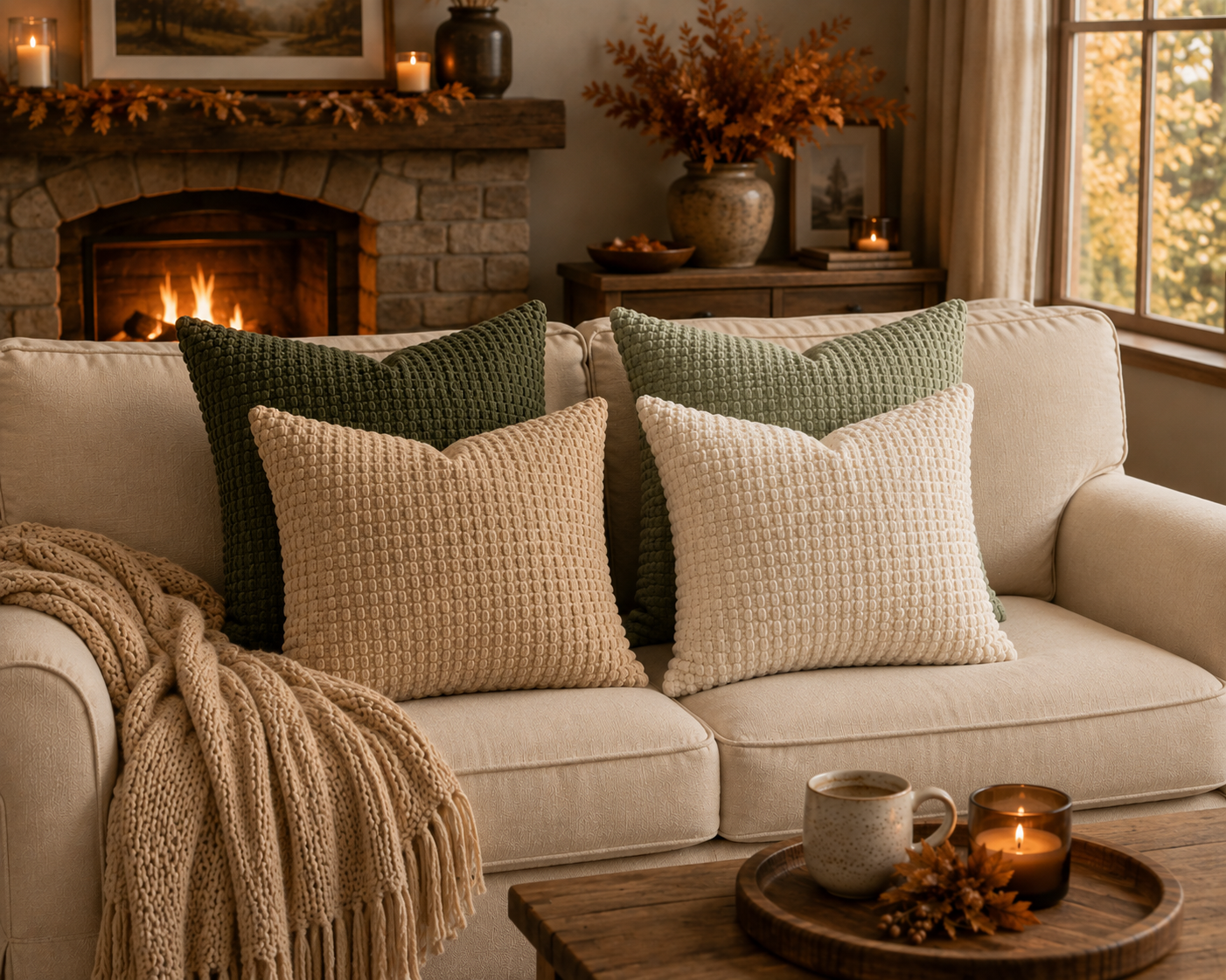 A cozy living room scene with a cream sofa styled with four textured throw pillows in cream, beige, and sage green, a chunky knit beige throw blanket draped over the arm, and a warm fireplace in the background.