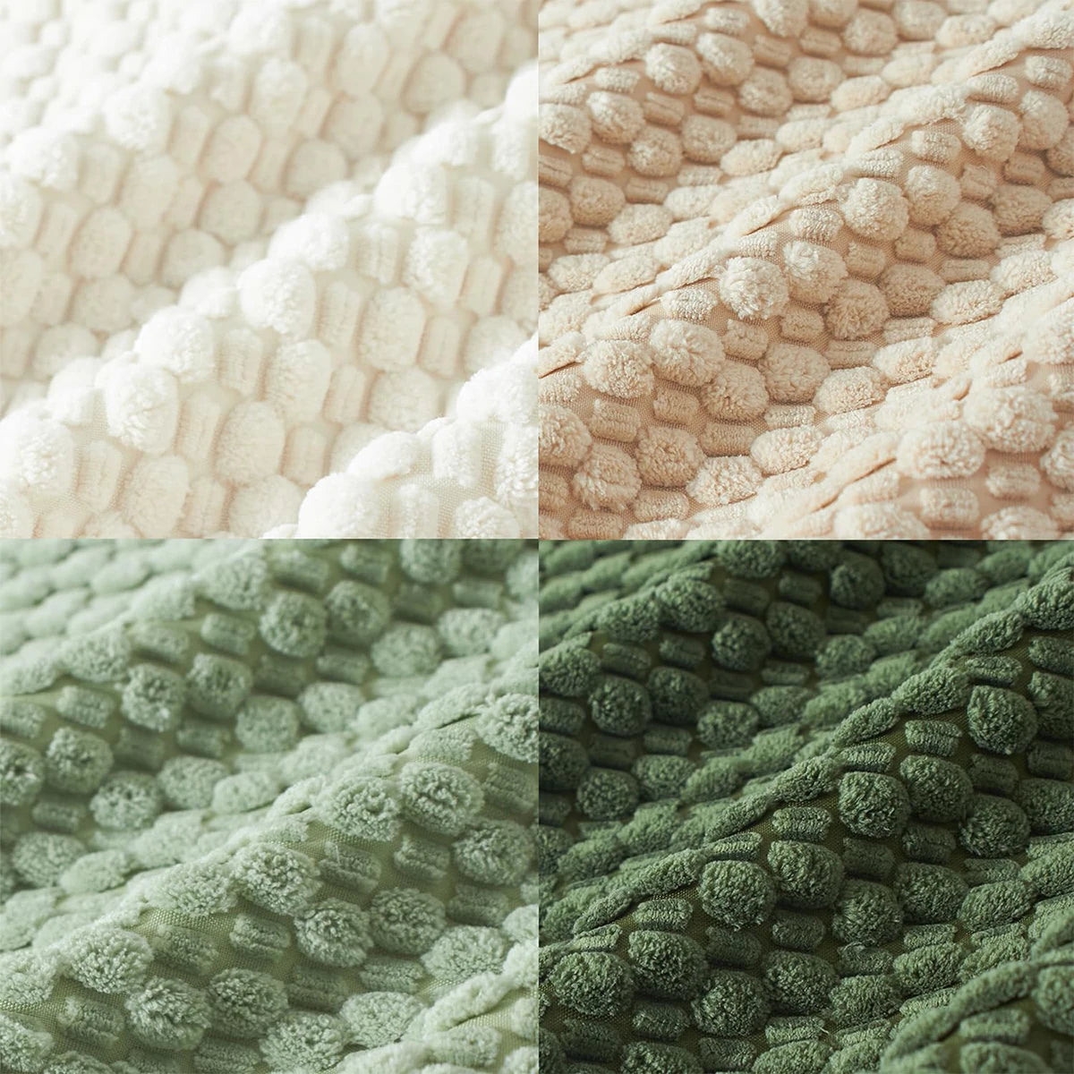 Four different textures of textured fabric in beige, pink, green, and dark green.