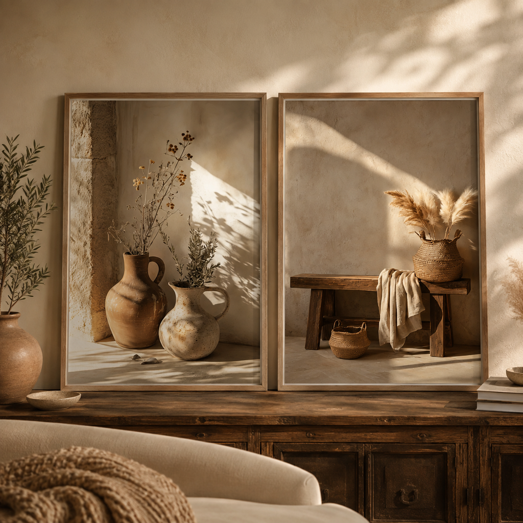 Two vertical framed art prints with warm rustic boho designs, displayed side-by-side on a wooden console table in a cozy room setting with warm sunlight and shadows.