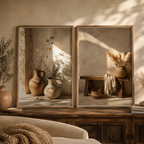 Two vertical framed art prints with warm rustic boho designs, displayed side-by-side on a wooden console table in a cozy room setting with warm sunlight and shadows.
