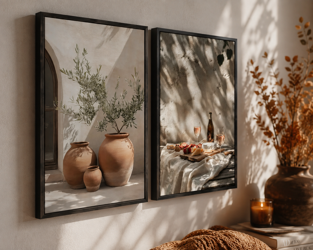 Two framed wall art prints hang on a sunlit beige wall. The left print shows terracotta vases with greenery, and the right print shows a table still life with shadows.