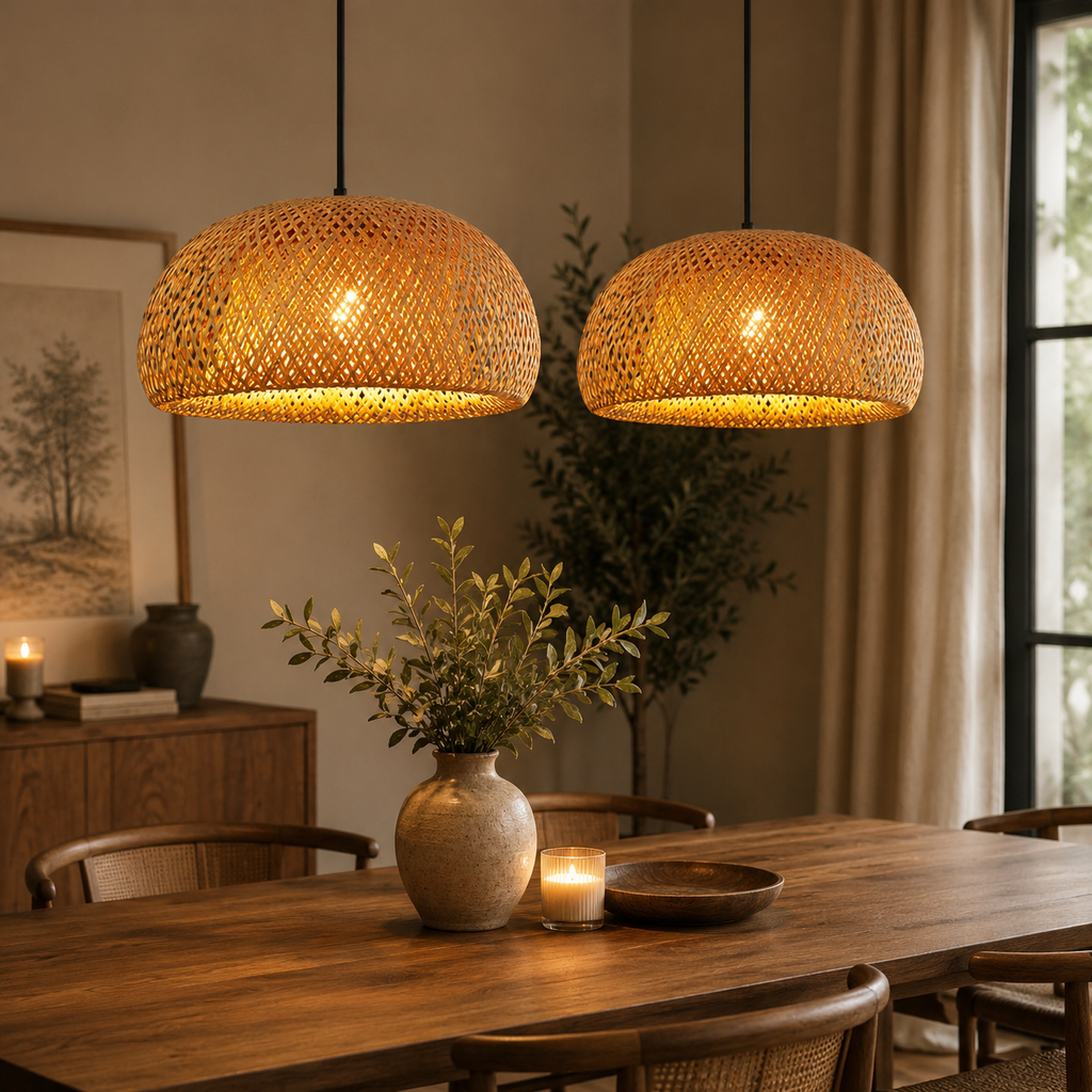 Two woven rattan pendant lights hang over a wooden dining table in a warm, modern dining room setting with a vase of greenery and candles.