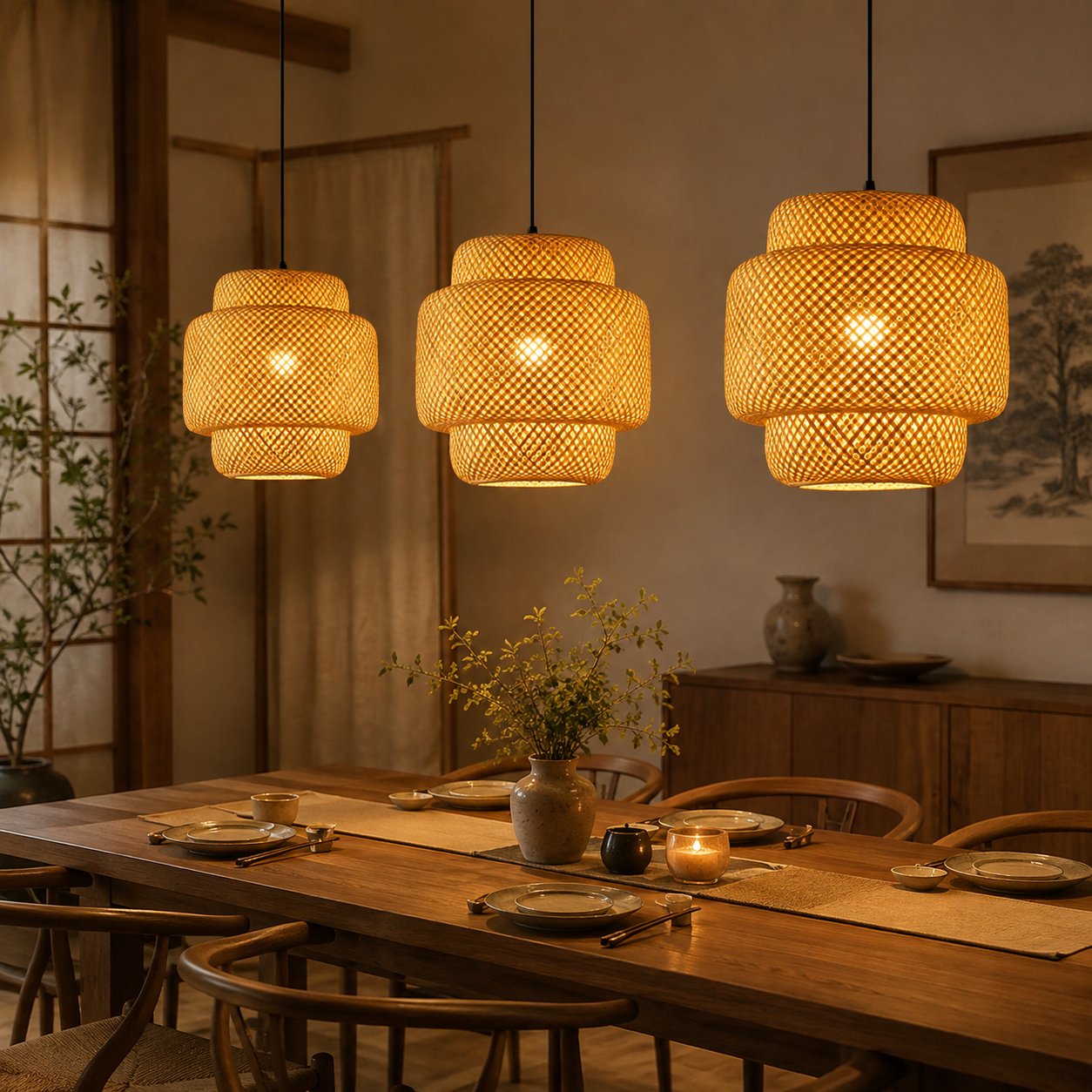 Three woven rattan pendant lights hang over a wooden dining table in a warm, traditional Japanese-style room.