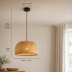 A woven rattan pendant light with a black ceiling canopy and cord, shown hanging in a room with overlaid dimension lines and measurements for width, height, and adjustability.