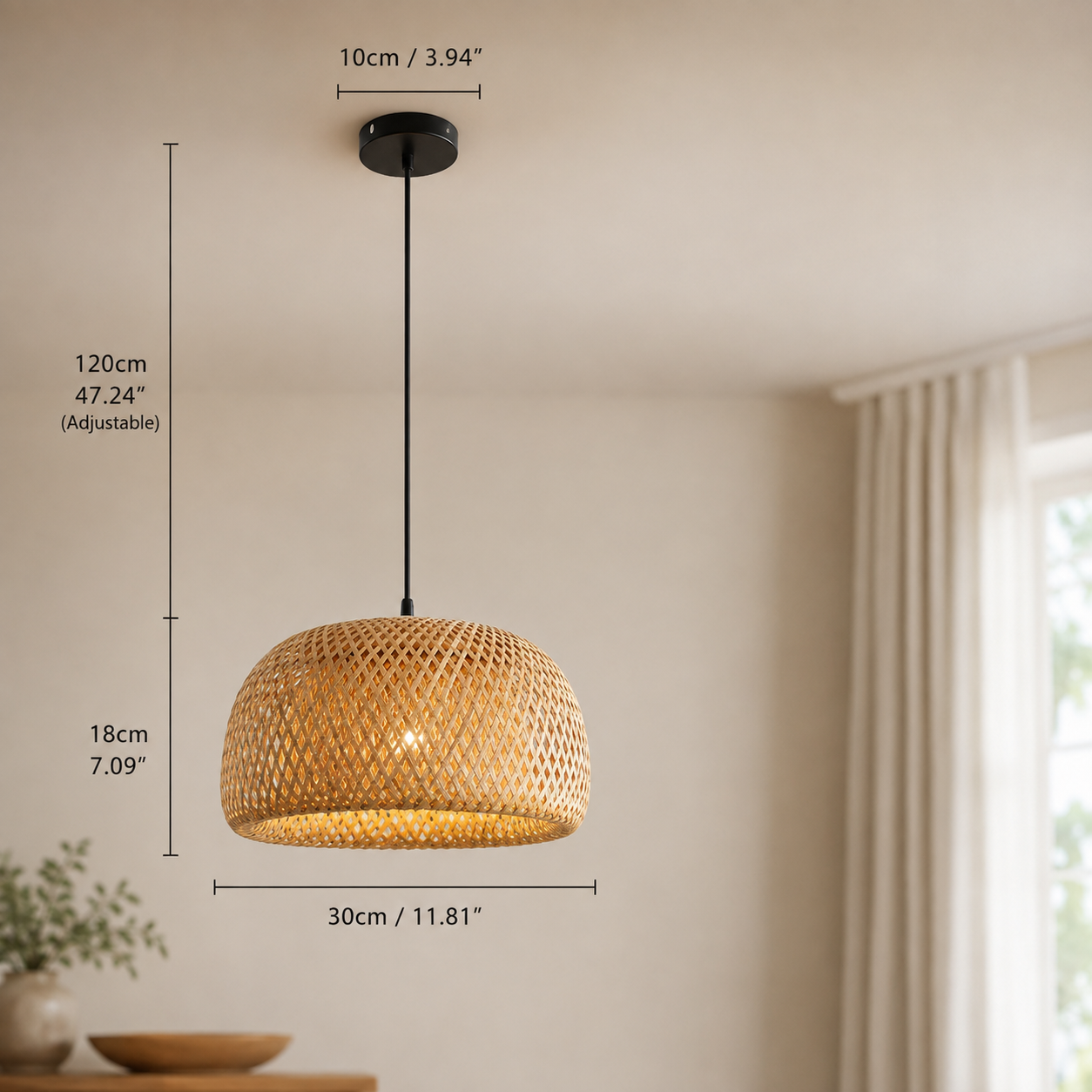 A woven rattan pendant light with a black ceiling canopy and cord, shown hanging in a room with overlaid dimension lines and measurements for width, height, and adjustability.