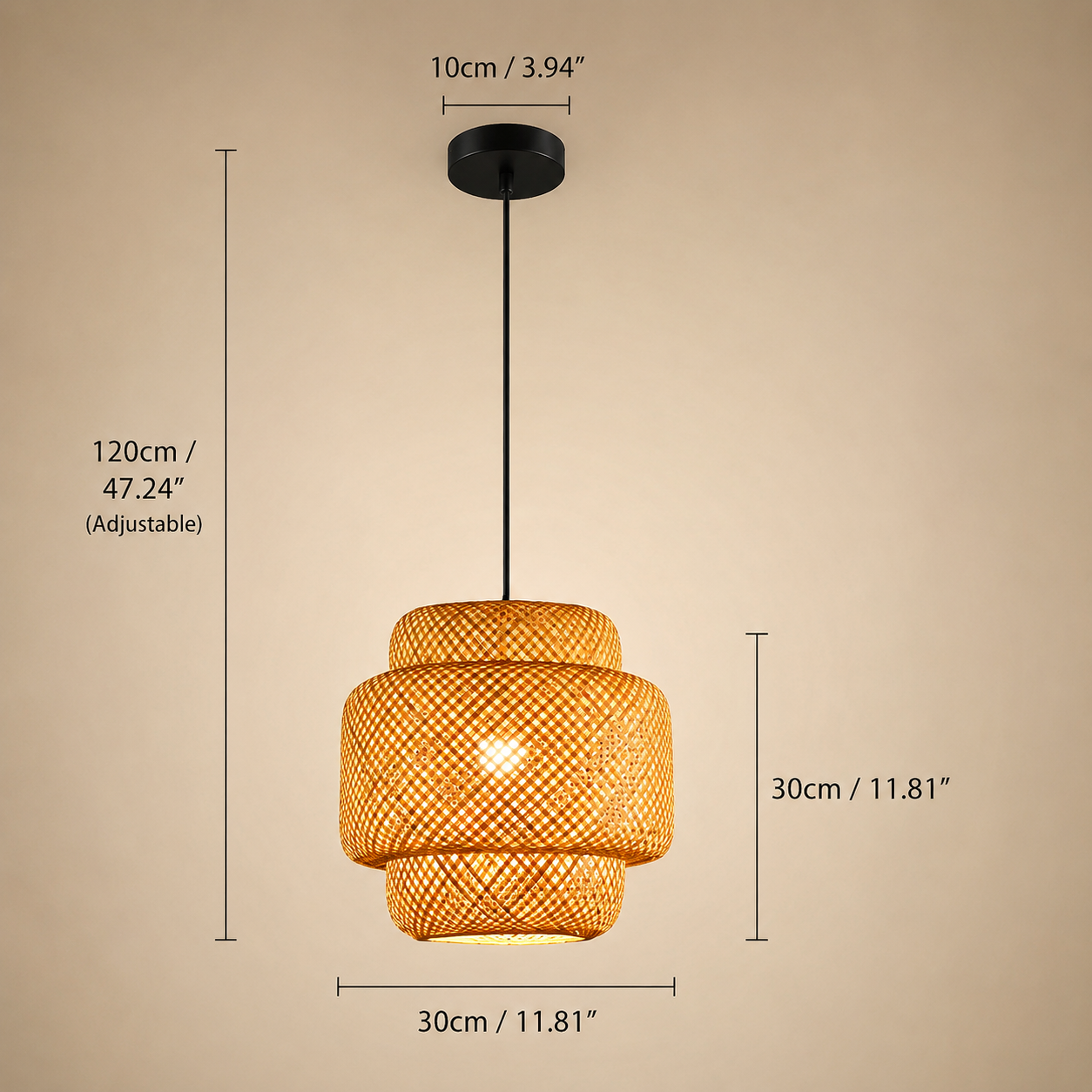 A hanging pendant light with a woven natural-fiber shade and black canopy/rod, shown with dimension callouts: 120 cm total height, 30 cm shade width, 30 cm shade height, and 10 cm canopy diameter on a plain beige background.