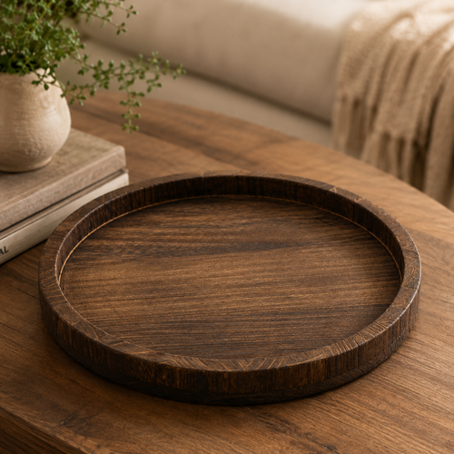 A round dark brown wooden serving tray with a raised rim, displayed on a matching wooden table in a cozy living room setting.