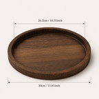 A round dark brown wooden tray with dimension markings showing a diameter of 30cm (11.81 inches) and a depth/inner diameter of 26.