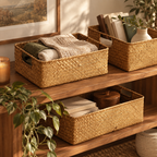 Three woven natural-fiber storage baskets arranged on wooden shelves in a styled interior setting, with folded textiles, books, and decor visible.