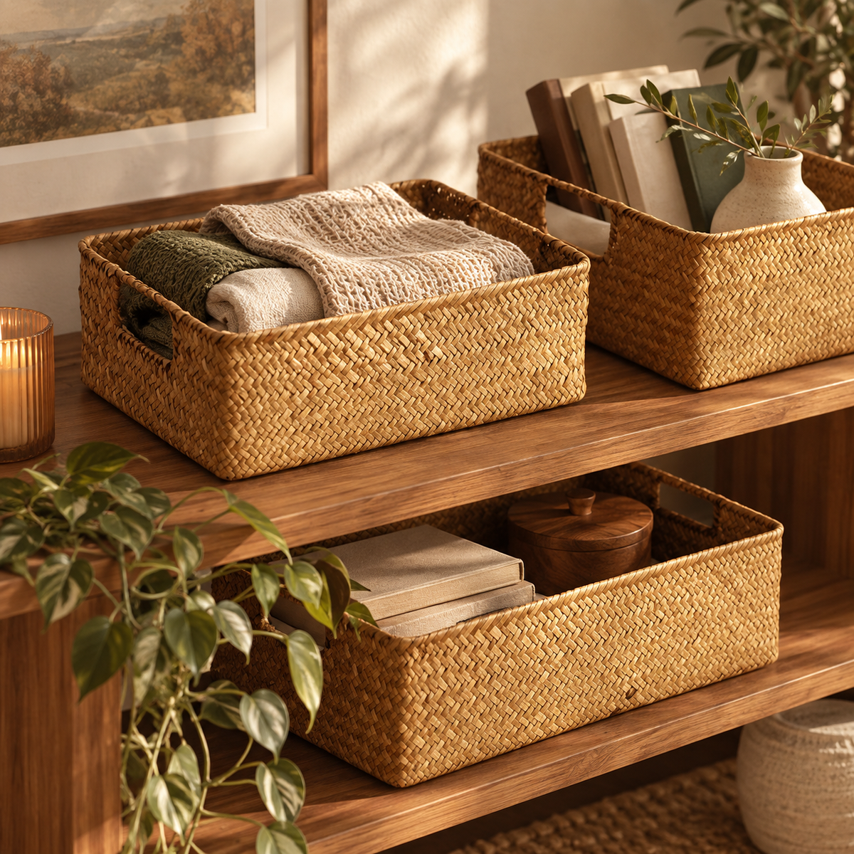 Three woven natural-fiber storage baskets arranged on wooden shelves in a styled interior setting, with folded textiles, books, and decor visible.