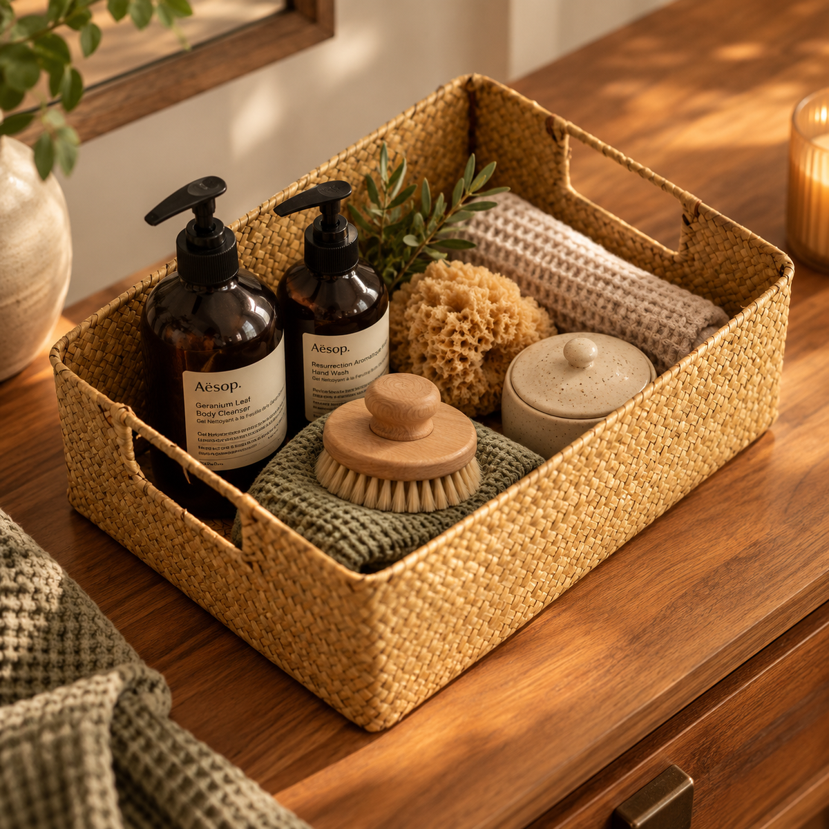 A woven natural-fiber storage tray sits on a wooden table holding bath and body items, including two amber pump bottles with visible Asolo labels, a sponge, a scrubber, a small lidded jar, and folded textiles.