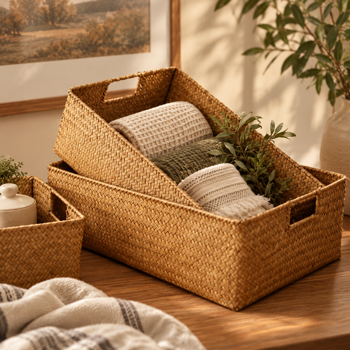 Two woven rectangular storage baskets with cutout handles sit on a wooden table in a warm, sunlit room. The larger basket holds folded knit blankets in cream and olive green with a small green plant sprig.
