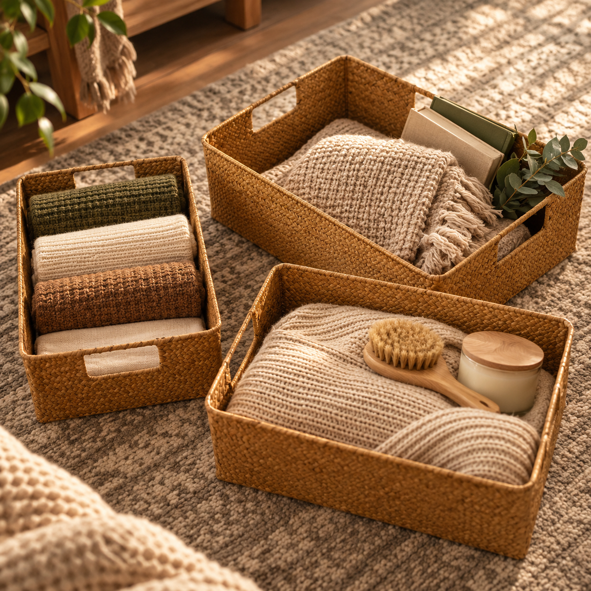 Three woven rectangular storage baskets with handles are arranged on a textured rug, holding folded knit blankets, books, and a wooden-handled brush. The baskets are styled in a warm, sunlit room setting.