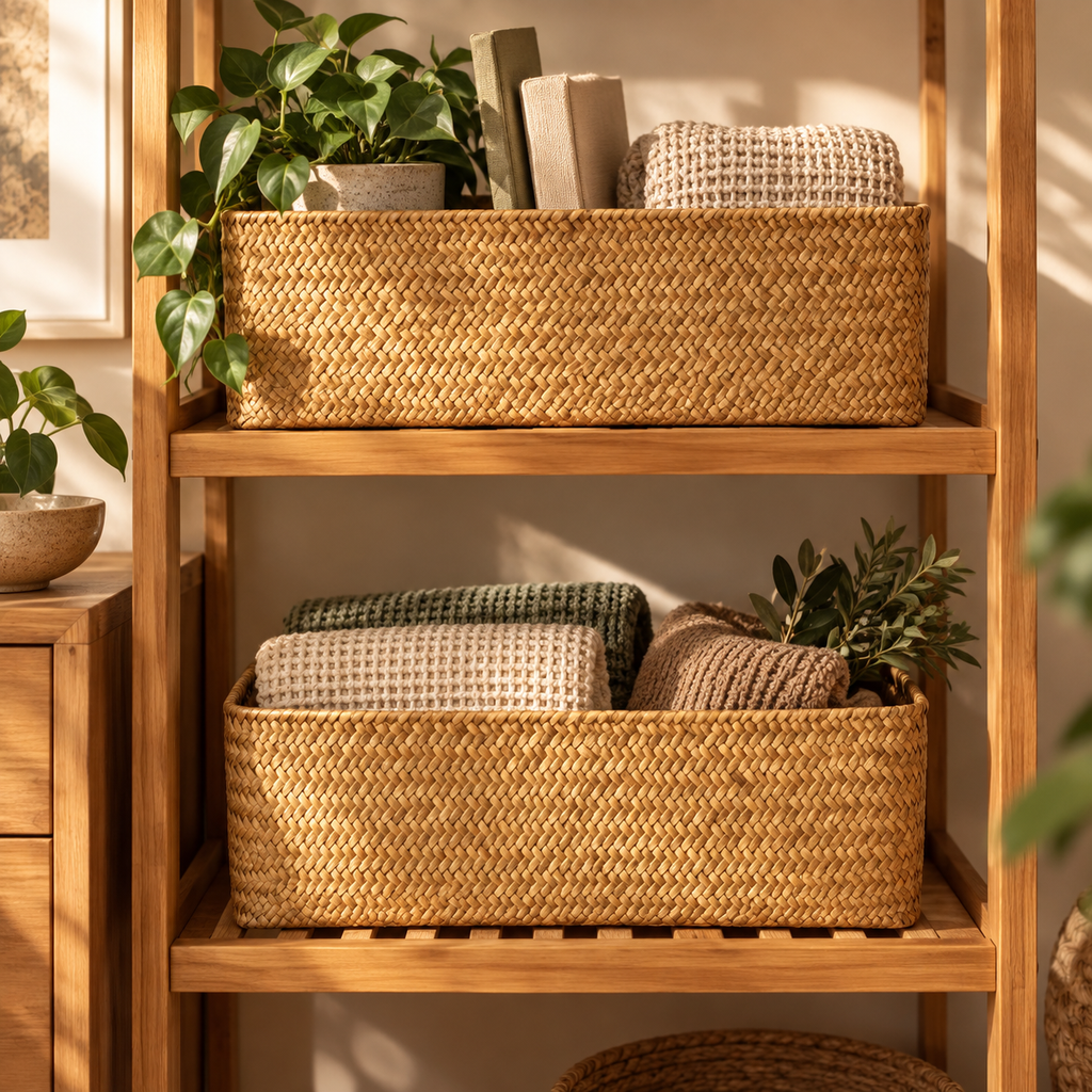 Two woven rectangular storage baskets on a wooden shelving unit, styled with folded blankets and potted plants in a warm, sunlit room.