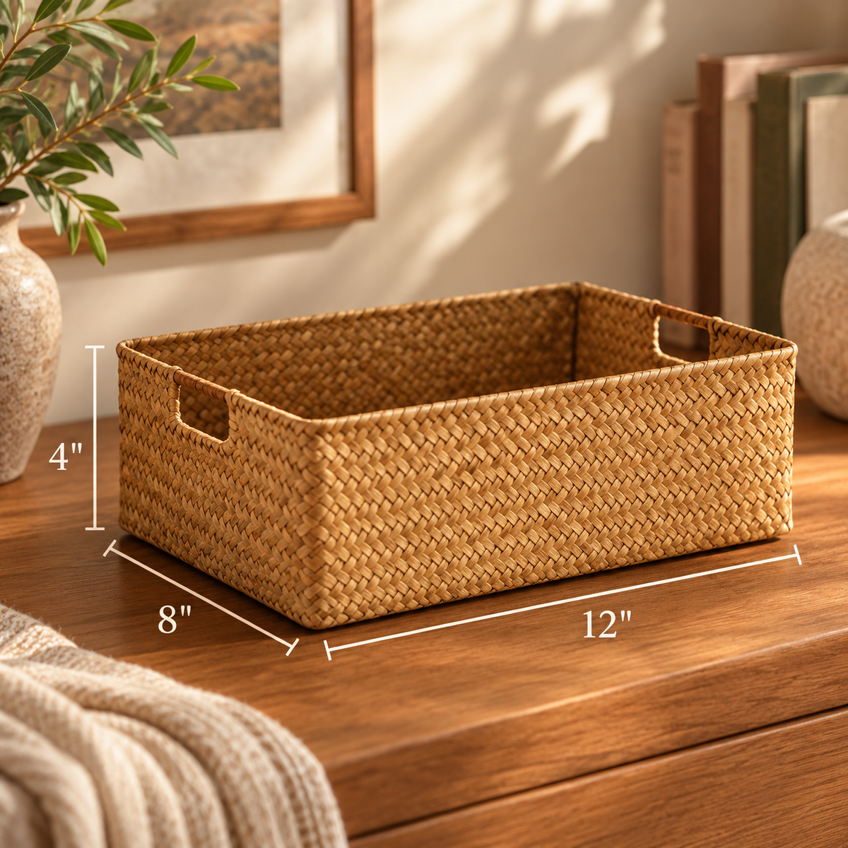 A woven rectangular storage basket with cutout handles sits on a wooden table in a styled room setting. White dimension lines and text show the basket's measurements: 12 inches wide, 8 inches deep, and 4 inches tall.