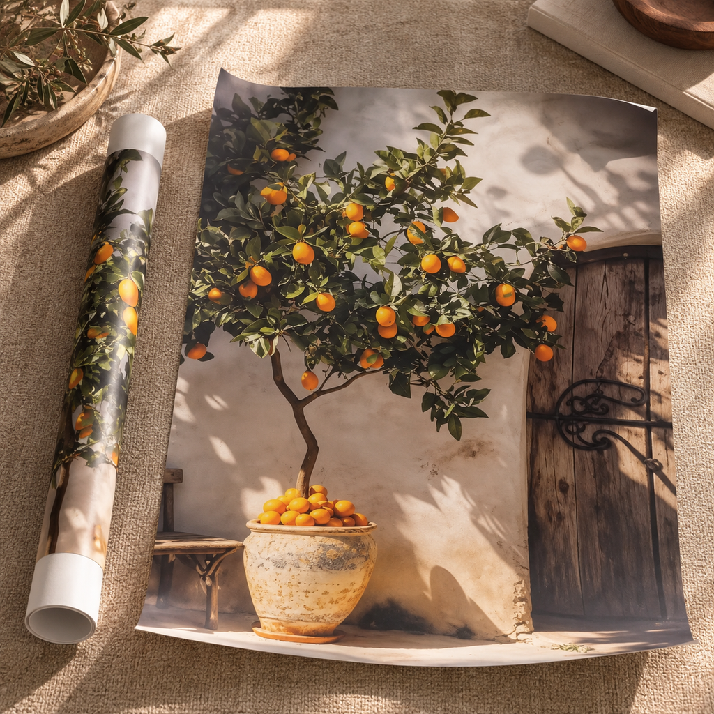 A rolled and flat view of a wall art print or poster showing a potted orange tree with ripe oranges against a sunlit stucco wall and wooden door, styled on a burlap surface with a matching rolled print beside it.