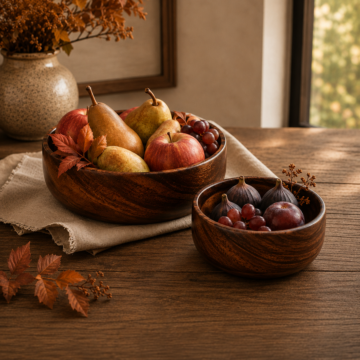 Two round wooden bowls filled with fruit, including pears, apples, grapes, and figs, arranged on a rustic wooden table with a beige cloth and autumn leaves. A ceramic vase with dried flowers sits in the background near a window.