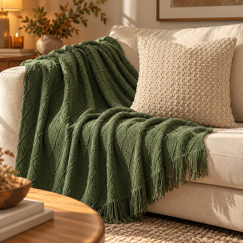 A textured olive green throw blanket with fringe is draped over a cream-colored sofa next to a woven beige pillow in a warm, sunlit living room setting.