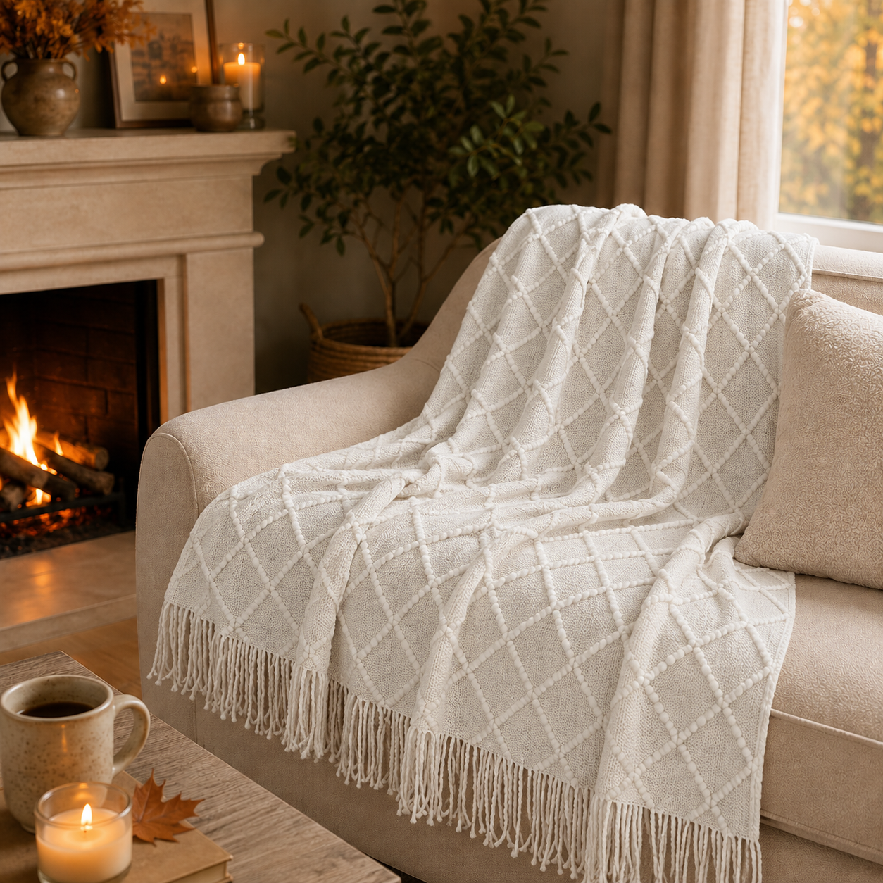 A cream-colored knit throw blanket with a diamond lattice pattern and fringe trim draped over a beige armchair in a cozy living room setting with a fireplace, candles, and a mug.