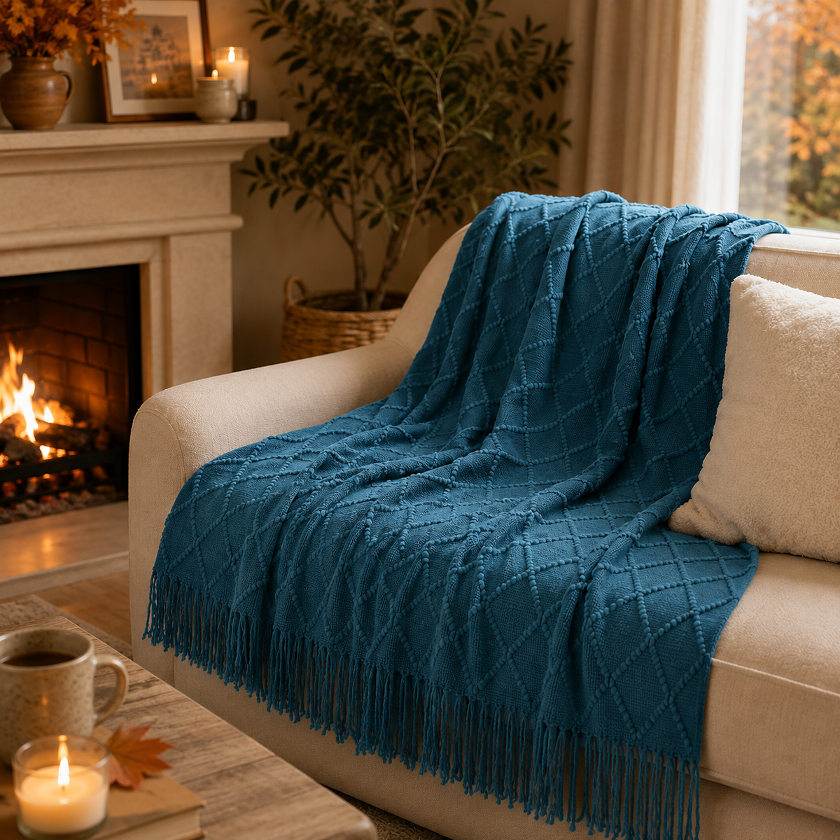 A teal blue knitted throw blanket with fringe and a diamond knit pattern draped over a cream-colored sofa in a cozy living room setting with a fireplace, candles, and a potted plant.