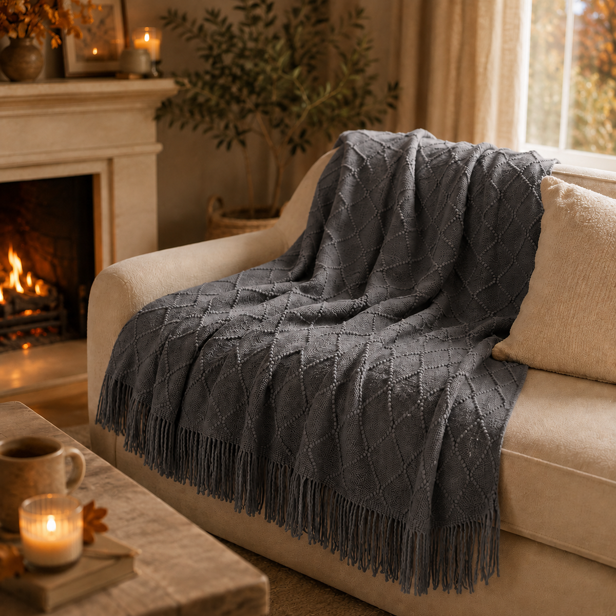 A dark gray textured throw blanket with fringe and a diamond knit pattern draped over a beige sofa in a cozy living room setting with a fireplace and candles.